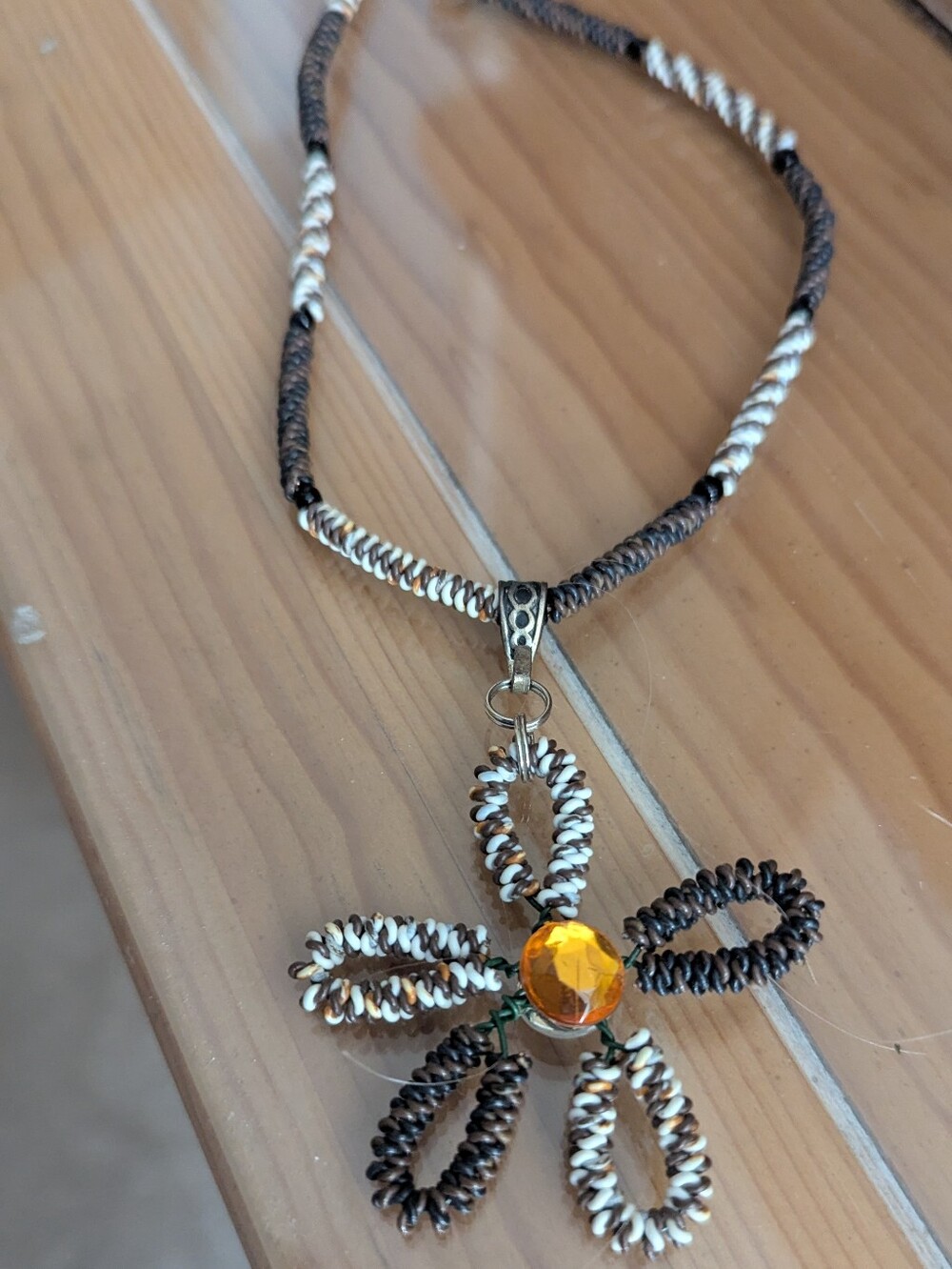 With Handcrafted Brown & Cream Flower Pendant Necklace with Amber Accent